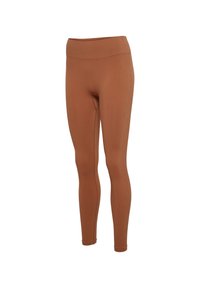 Braune gerippte Leggings mit einem breiten, dehnbaren Bund, die eine glatte Textur und ein figurbetontes Design aufweisen, ideal für Sportbekleidung.