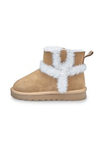 Botas de tobillo de ante en color marrón con borde de pelo sintético blanco, punta redondeada, suela plana y un tirador trasero para ponerlas con facilidad. Superficie texturizada en el fur.