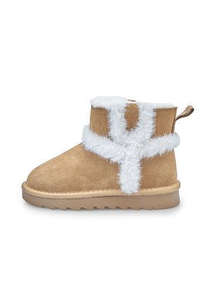 Botas de tobillo de ante en color marrón con borde de pelo sintético blanco, punta redondeada, suela plana y un tirador trasero para ponerlas con facilidad. Superficie texturizada en el fur.