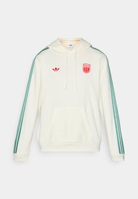 Cream hoodie with a front pocket, green striped sleeves, and red Italian emblem and adidas logo. Drawstring hood and ribbed cuffs.
