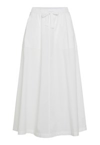 Hvid knælængde nederdel lavet af let bomuld med elastik i taljen og justerbar snøre, med to sidelommer.