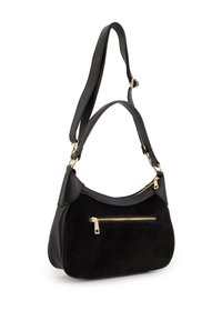 Schwarze Handtasche aus Leder und Wildleder. Kurvige Form, einzelner Schulterriemen, goldfarbene Hardware und eine Frontreißverschlusstasche.