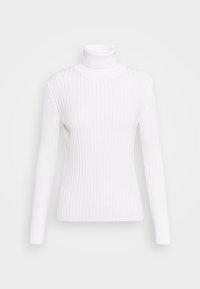 Maglione a collo alto bianco a coste con maniche lunghe, caratterizzato da un design aderente e una consistenza morbida. Il tessuto è liscio e leggero.