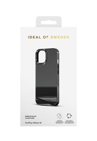 Priehľadný obal pre iPhone 15, zrkadlové čierne prevedenie, štíhly dizajn, hladká textúra, výrezy pre tlačidlá a kameru, s viditeľnými detailmi balenia.