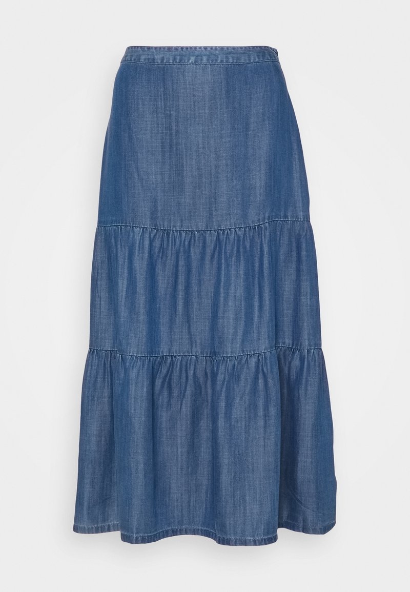 Jupe midi bleue à volants avec taille élastique, en tissu denim léger, présentée sur un fond uni.