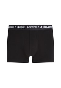 Juodų vyrų šortukų su plačiu elastingu juosmeniu, ant kurio balta spalva yra užrašas "KARL LAGERFELD" ir logotipas.