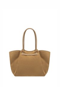 Pruun kangast kandekott, millel on kaks pikka sangat, struktureeritud kuju ja väike logodetail esiküljel. Sile tekstuur ja minimaalsed aksendid.