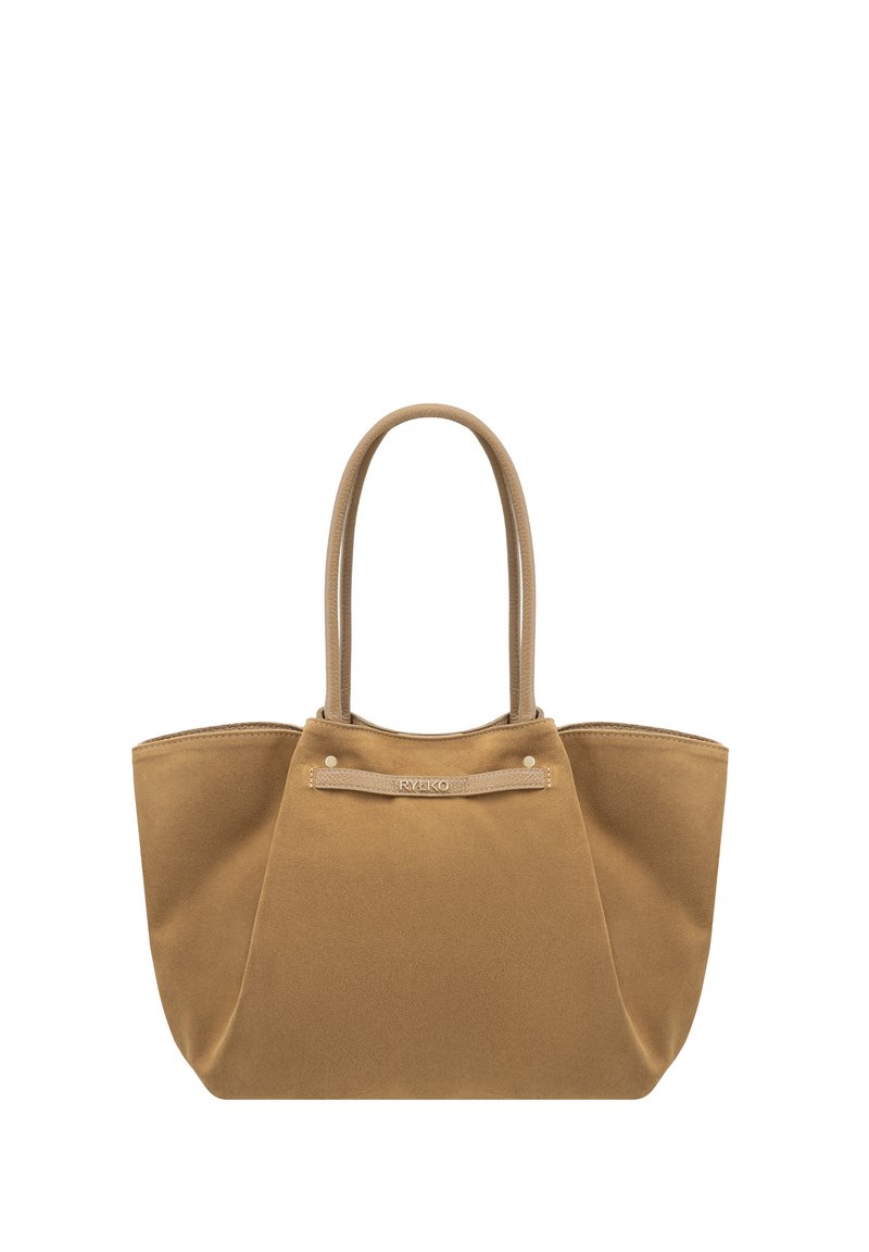 Pruun kangast kandekott, millel on kaks pikka sangat, struktureeritud kuju ja väike logodetail esiküljel. Sile tekstuur ja minimaalsed aksendid.