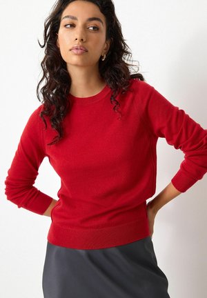 Rot pullover aus Strick mit langen Ärmeln, einem runden Halsausschnitt sowie gerippten Bündchen und Saum, getragen über einem schwarzen Rock mit glatter Textur.