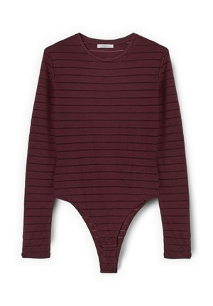 Langärmelig bodysuit in bordeauxrood met dunne zwarte horizontale strepen en een ronde halslijn.