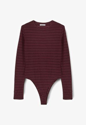 Body a maniche lunghe color amaranto con sottili strisce orizzontali nere e scollo rotondo.