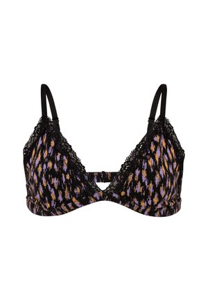 Musta ja monivärinen kuviollinen bralette, jossa on pitsireunus, kolmion muoto, säädettävät hihnat ja takana hakaskiinnitys.