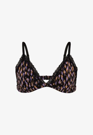 Schwarzer und mehrfarbig gemusterter Bralette mit Spitzenbesatz, dreieckiger Form, verstellbaren Trägern und einem Hakenverschluss auf der Rückseite.