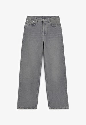 Graue weit geschnittene Jeans aus Denim mit klassischem Fünf-Taschen-Design, Metallknopfverschluss und schlichten genähten Details.