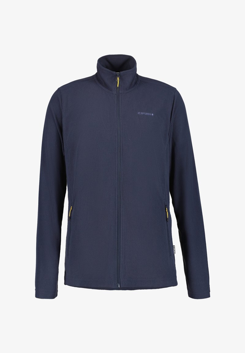 Navy blue fleece jacket with ribbed texture, high collar, full front zipper, and two zippered side pockets with yellow accents.