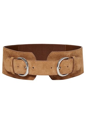 Large ceinture en daim marron avec deux boucles argentées et plusieurs trous d’ajustement, conçue pour être portée à la taille.