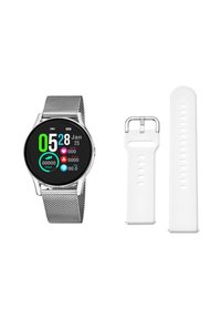 Smartwatch con un display rotondo nero e cinturino in maglia argentata, accompagnato da due cinturini in silicone bianco intercambiabili.