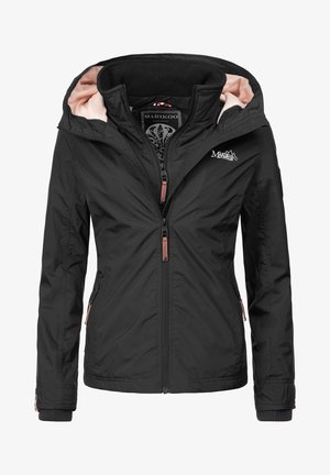 Schwarze Outdoorjacke mit Reißverschluss, pink gefütterter Kapuze aus Fleece, seitlichen Taschen, gerippten Bündchen und Marikoo Mountain Logo auf der Brust.