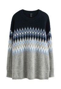 Maglione in lana con motivo geometrico blu, bianco e grigio su petto e maniche, colletto a girocollo e polsini e orlo a coste.