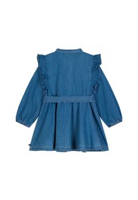 Jeanskleid mit langen Ärmeln und Rüschendetails, mit tailliertem Oberteil und weit ausgestellt rock, in einem mittleren Blauton.