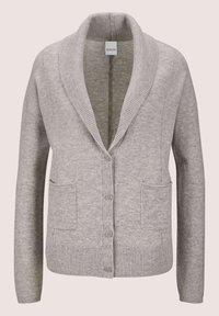 Grijze cardigan van zacht breimateriaal, met een sjaalkraag, geribde manchetten, twee voorzakken en een knoopsluiting aan de voorkant.