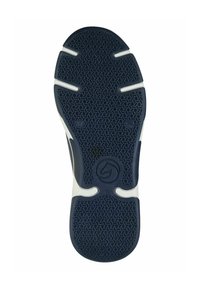 Navy rubber shoe sole with a textured pattern, featuring white accents and a central logo. Design includes grooves for traction.