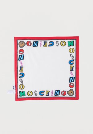 Red-bordered silk scarf featuring a white center and colorful, embroidered letters and cartoon accents, including a teddy bear design.