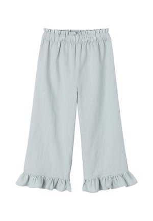 Light blue wide-leg pants with elastic waistband and ruffled hems for women.