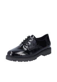 Zapato de charol negro con punta redondeada, diseño de cordones, superficie texturizada y suela de goma contrastante con un ligero grabado.
