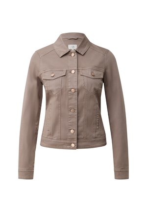 Taupe women's denim jacket with button front, two chest flap pockets, long sleeves, and a classic collar.