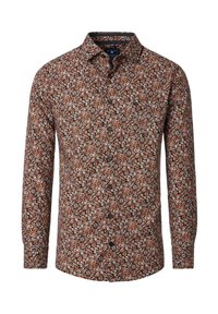 Langeærmet skjorte i sort med et blomsterdesign i orange, hvid og grøn. Har en knaplukning foran og en klassisk kravedesign.