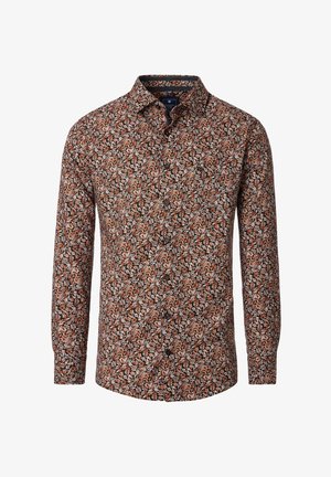 Langarmhemd in Schwarz mit einem floralen Muster in Orange, Weiß und Grün. Verfügt über eine durchgehende Knopfleiste und ein klassisches Kragendesign.