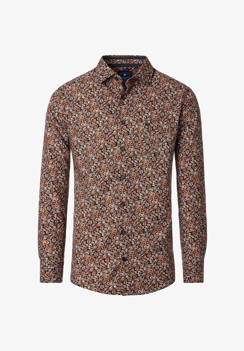 Langeærmet skjorte i sort med et blomsterdesign i orange, hvid og grøn. Har en knaplukning foran og en klassisk kravedesign.