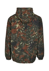 Hooded jacket with green, brown, black, and beige camouflage pattern, elastic cuffs, and no visible front closure shown from the back.