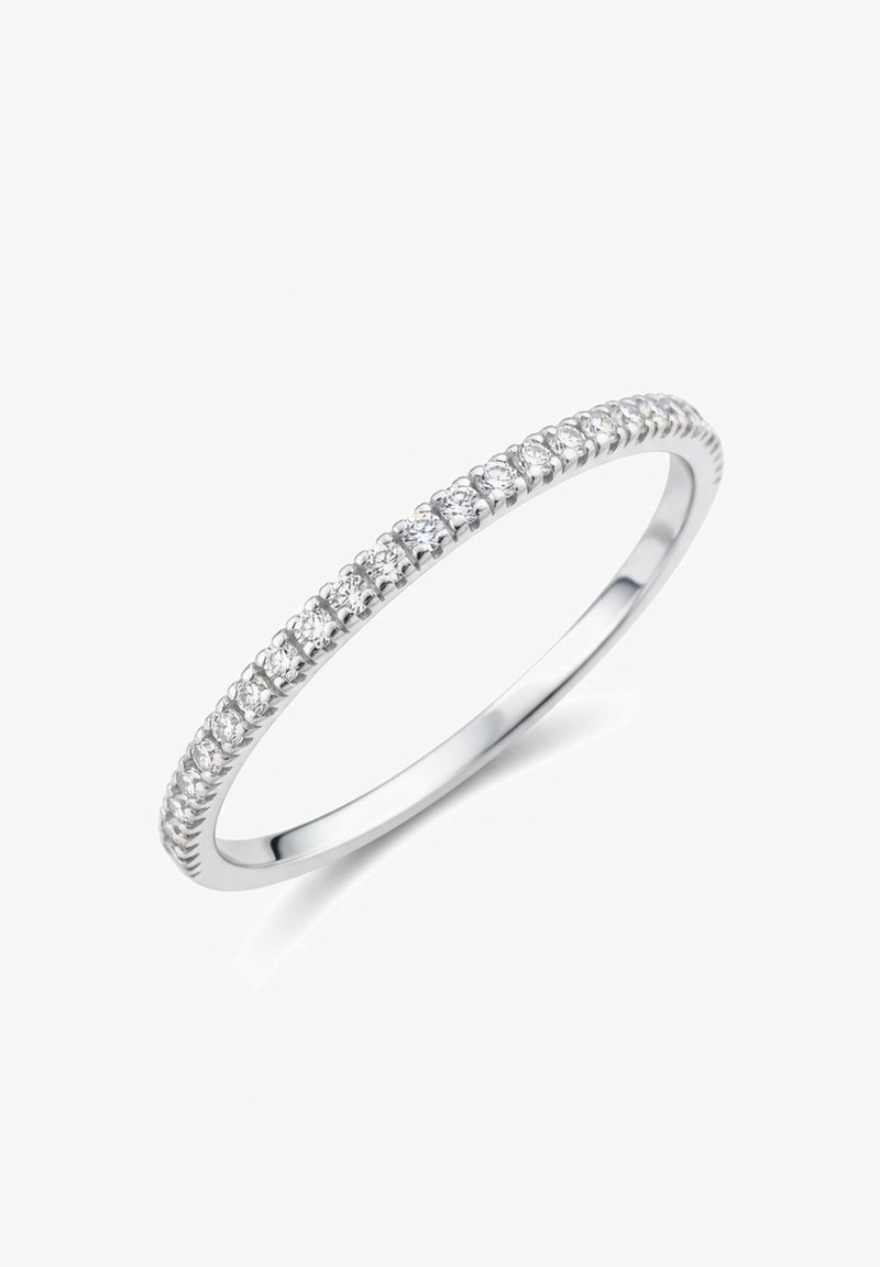 Silver ring with a slender band, featuring a row of small clear stones set in a prong setting along the top edge, smooth surface finish.
