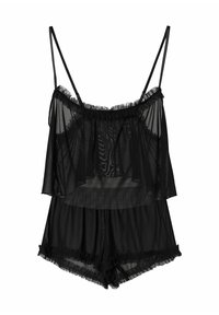 Czarny przezroczysty komplet bielizny składający się z falbaniastego topu na ramiączkach oraz pasujących szortów, obydwa z miękkiej, przezroczystej tekstury.