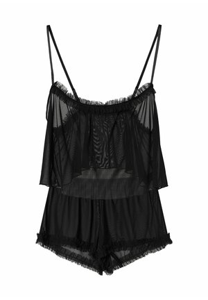 Black sheer lingerie set featuring a ruffled tank top with spaghetti straps and matching shorts, both with a soft, translucent texture.