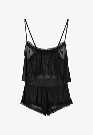 Schwarzes, transparentes Lingerie-Set bestehend aus einem gerafften Tanktop mit Spaghettiträgern und passenden Shorts, beide mit einer weichen, durchsichtigen Textur.