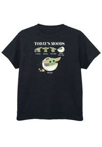 Czarny t-shirt z postaciami z kreskówek o dużych uszach i zielonej skórze, przedstawiającymi różne nastroje. Napis "Dzisiejsze nastroje" znajduje się nad ilustracjami.
