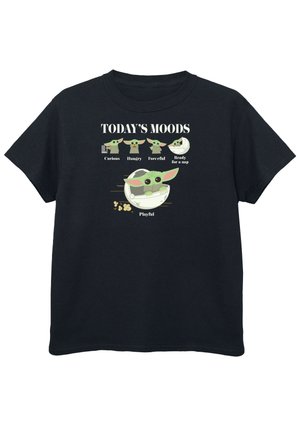 Czarny t-shirt z postaciami z kreskówek o dużych uszach i zielonej skórze, przedstawiającymi różne nastroje. Napis "Dzisiejsze nastroje" znajduje się nad ilustracjami.