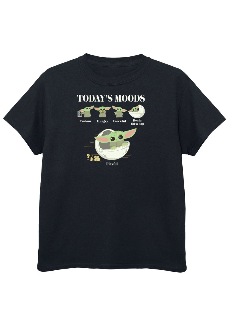 Czarny t-shirt z postaciami z kreskówek o dużych uszach i zielonej skórze, przedstawiającymi różne nastroje. Napis "Dzisiejsze nastroje" znajduje się nad ilustracjami.