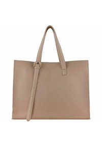 Beige rechthoekige leren handtas met twee handvatten en een verstelbare schouderriem, voorzien van subtiele stiksels en een klein reliëf logo.