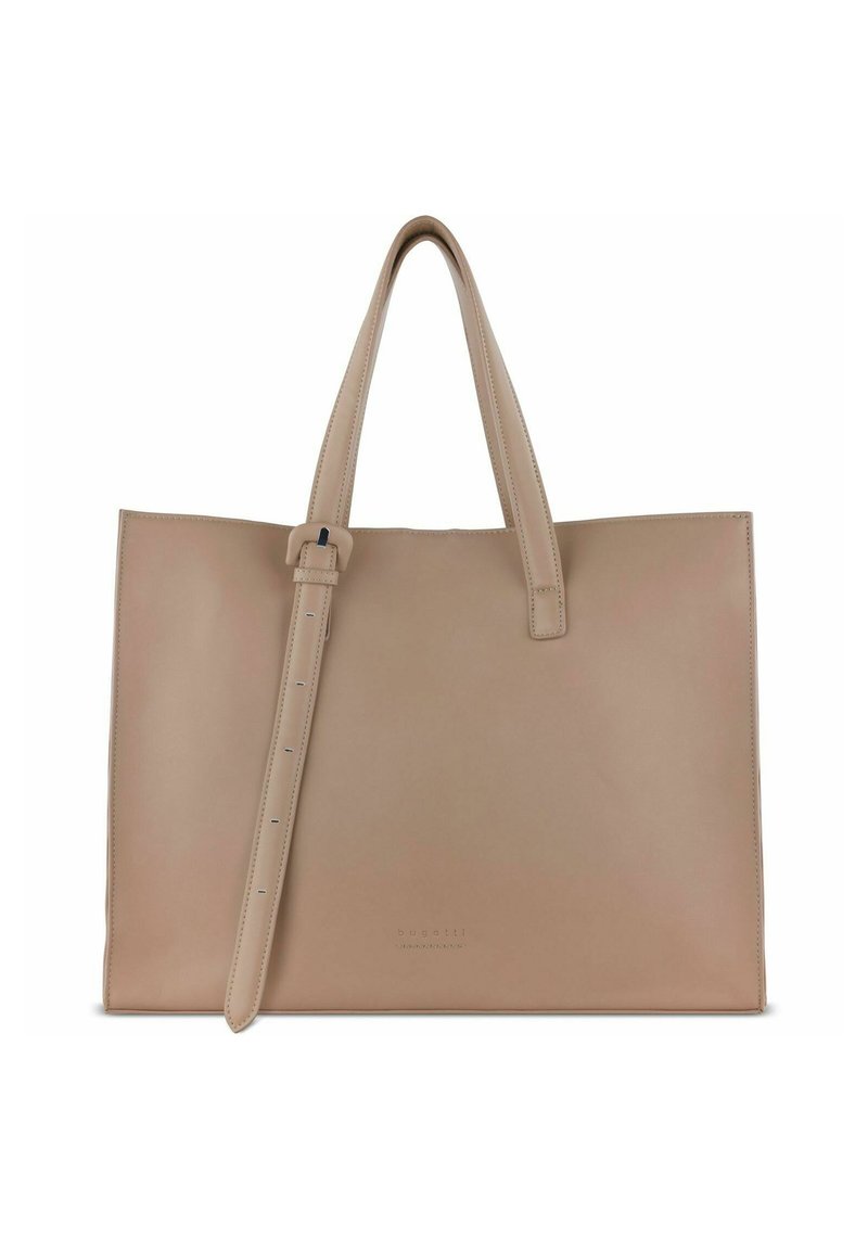 Beige rechthoekige leren handtas met twee handvatten en een verstelbare schouderriem, voorzien van subtiele stiksels en een klein reliëf logo.