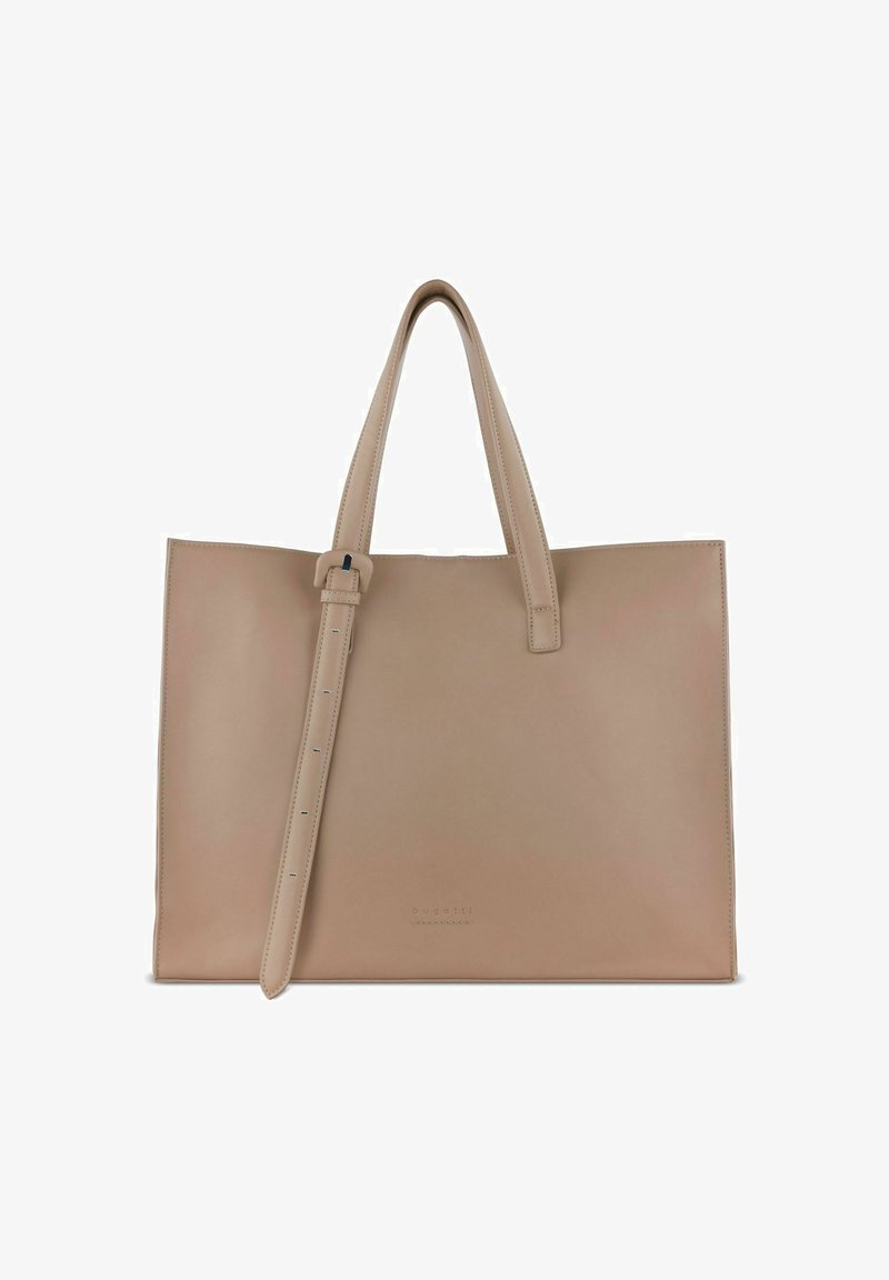 Beige rechteckige Lederhandtasche mit zwei Griffen und einem verstellbaren Riemen, die dezente Nähte und ein kleines geprägtes Logo aufweist.