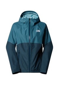 Waterproof jacket in dark teal with a lighter teal interior, featuring a zippered front, adjustable hood, and side pockets.