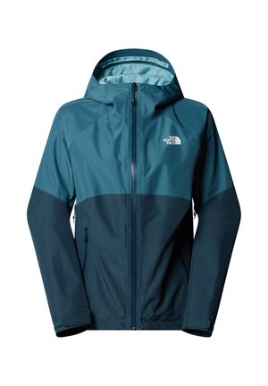 Giacca impermeabile di un teal scuro con un interno teal più chiaro, dotata di zip frontale, cappuccio regolabile e tasche laterali.