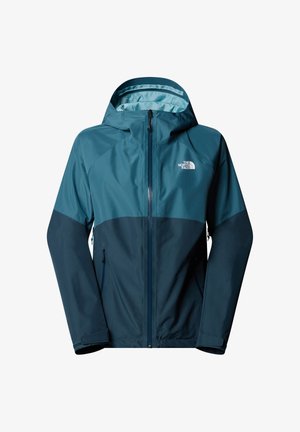 Wasserdichte Jacke in Dunkelblaugrün mit einem helleren Blaugrün im Inneren, ausgestattet mit einem Reißverschluss an der Vorderseite, einer verstellbaren Kapuze und seitlichen Taschen.