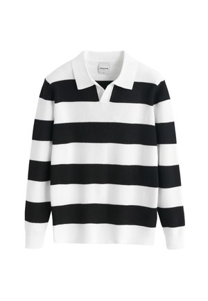 Maillot de rugby à manches longues avec larges rayures horizontales noires et blanches et col blanc, en tissu tricoté à côtes.