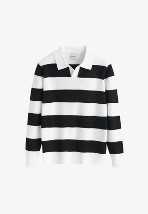 Maillot de rugby à manches longues avec larges rayures horizontales noires et blanches et col blanc, en tissu tricoté à côtes.
