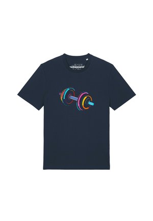 T-shirt bleu marine avec un motif coloré d'une barre d'haltère centré à l'avant.